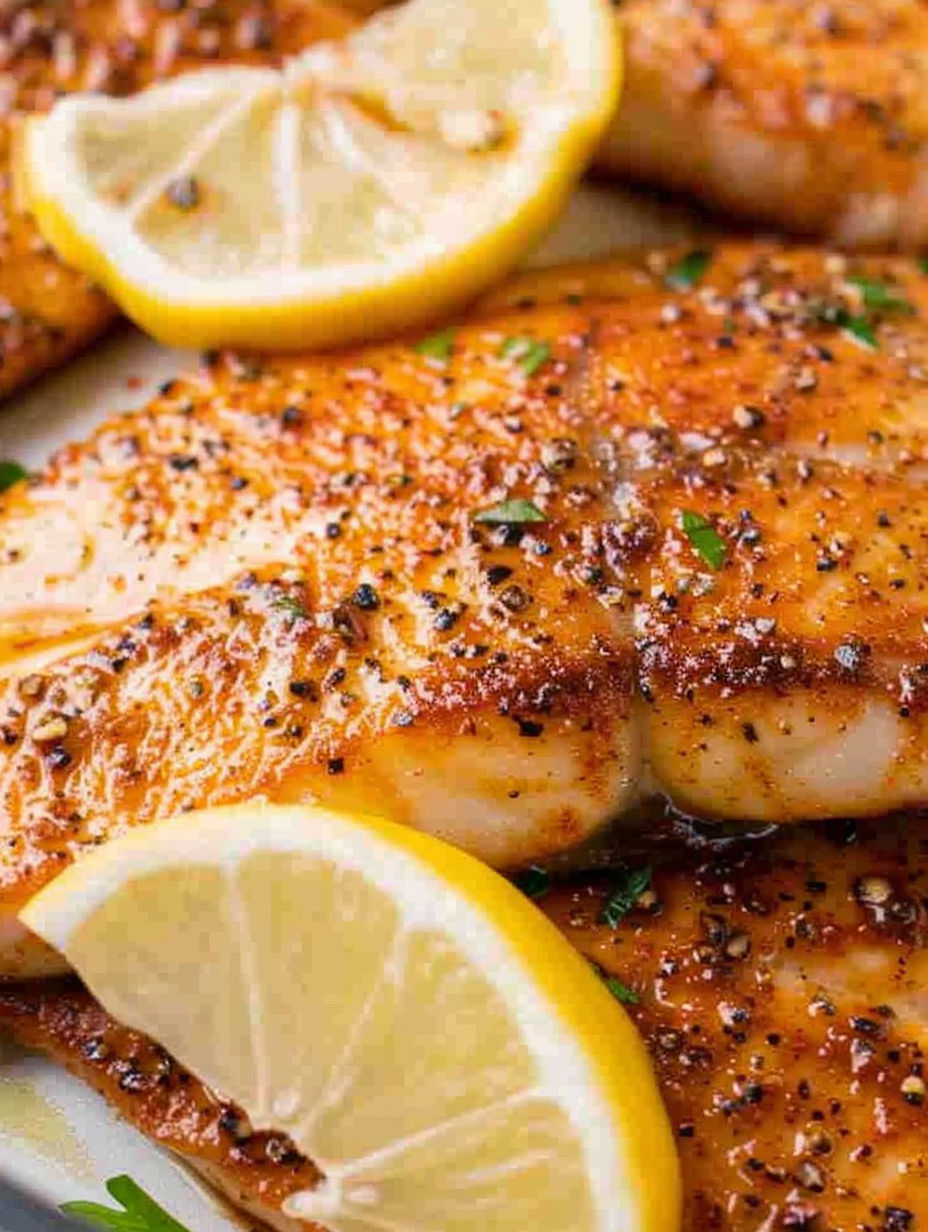 Air fryer tilapia with lemon slices.