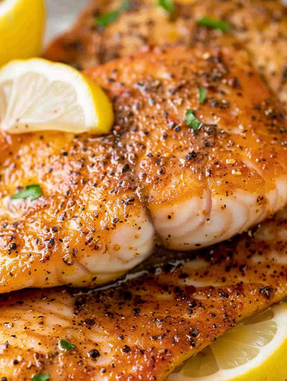 A piece of fish with lemon slices on top.