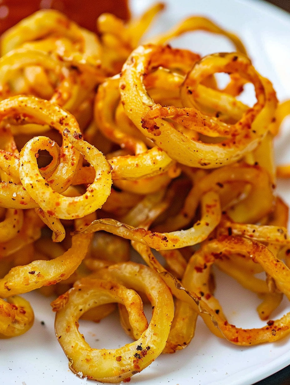 A plate of curly fries cooked in an air fryer.