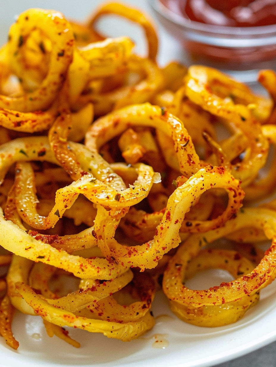 A plate of air fryer curly fries.