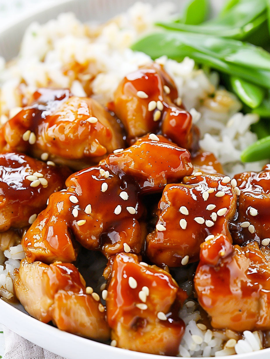 A plate of chicken with rice and sesame seeds.