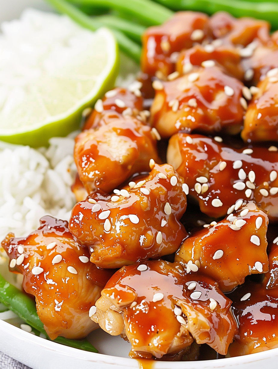 A plate of chicken with sesame sauce.