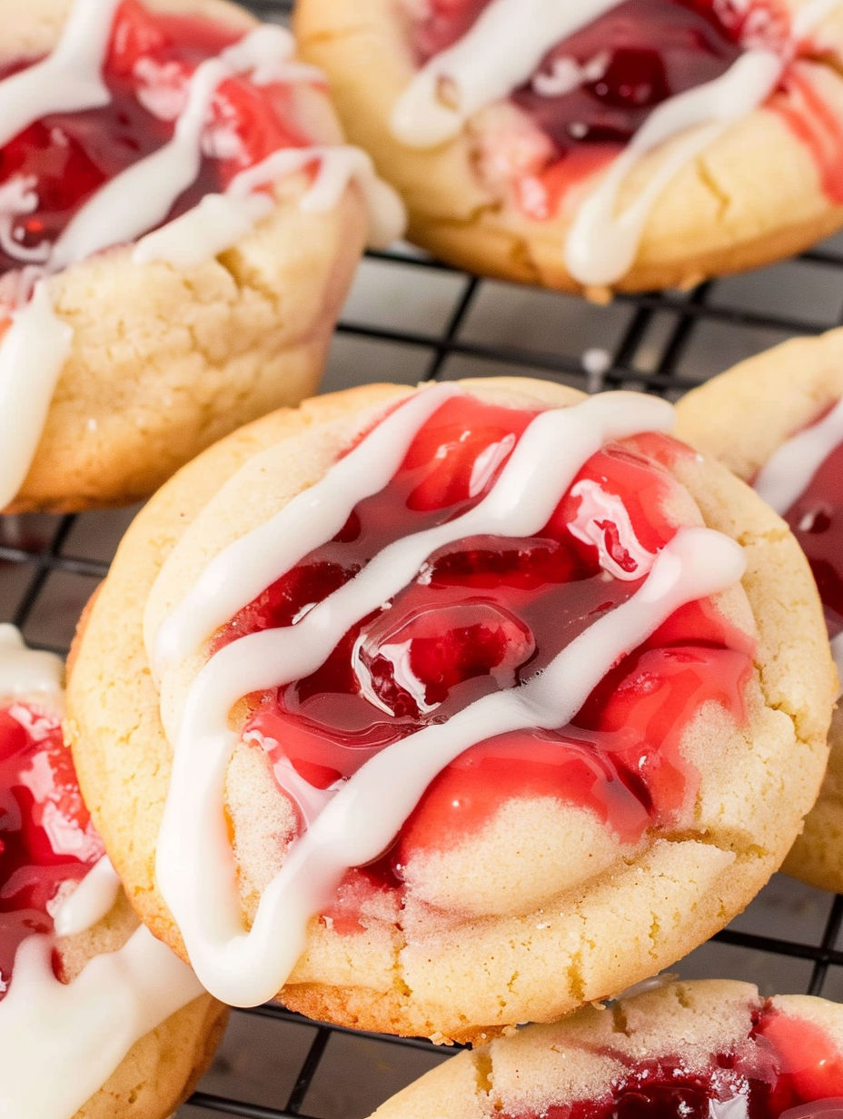 A close up of a cookie with white frosting and cherries.