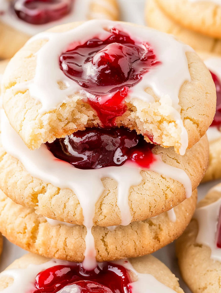 A cookie with white frosting and cherries on top.