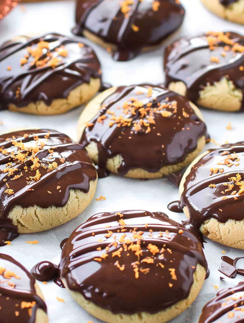 Chocolate cookies with orange sprinkles.
