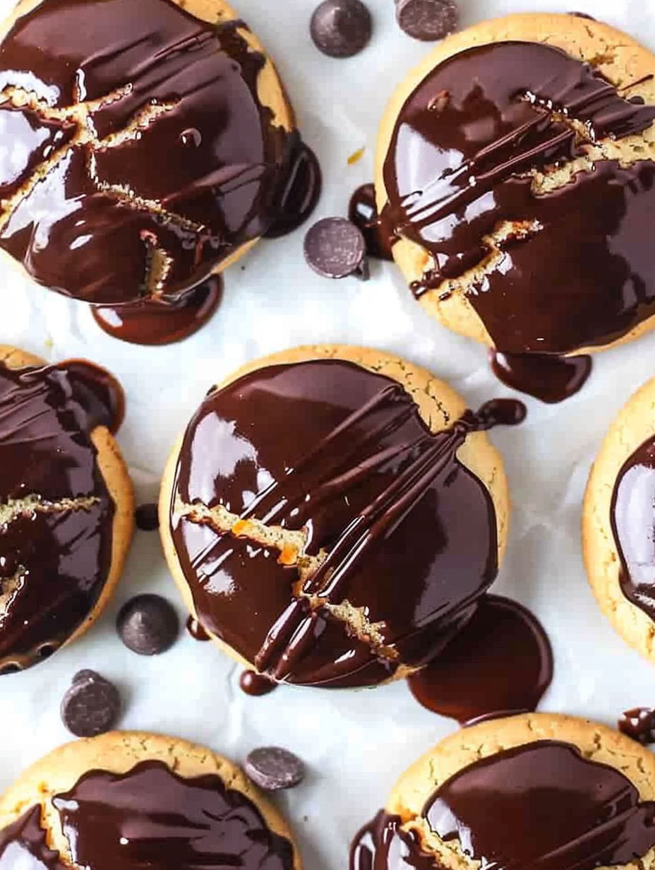 Chocolate drizzled cookies on a white plate.