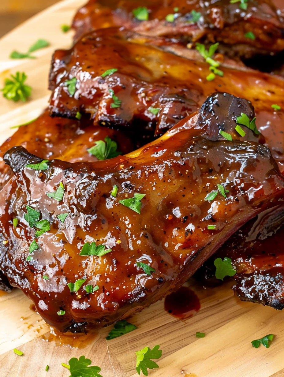 A close up of ribs on a wooden cutting board.