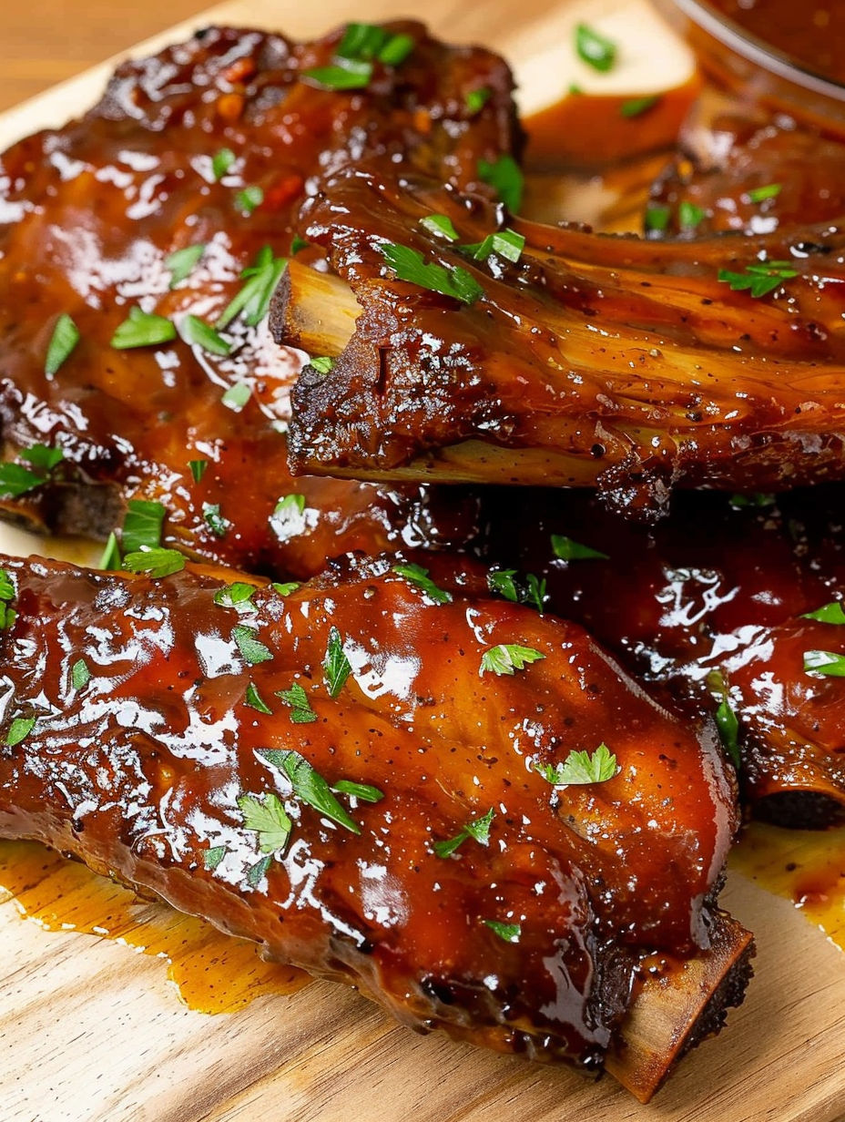 A close up of ribs on a wooden cutting board.
