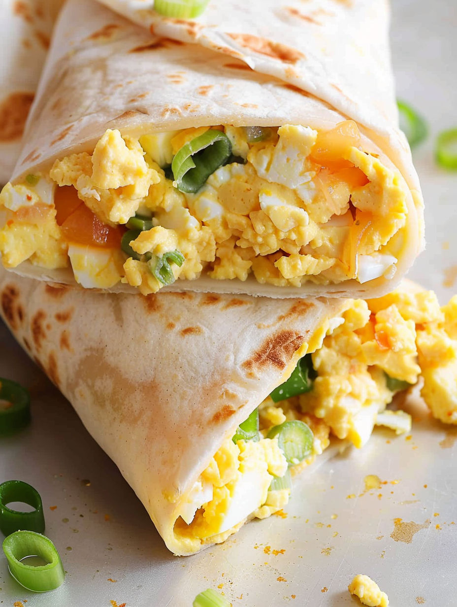 A breakfast burrito with eggs, cheese, and peppers.