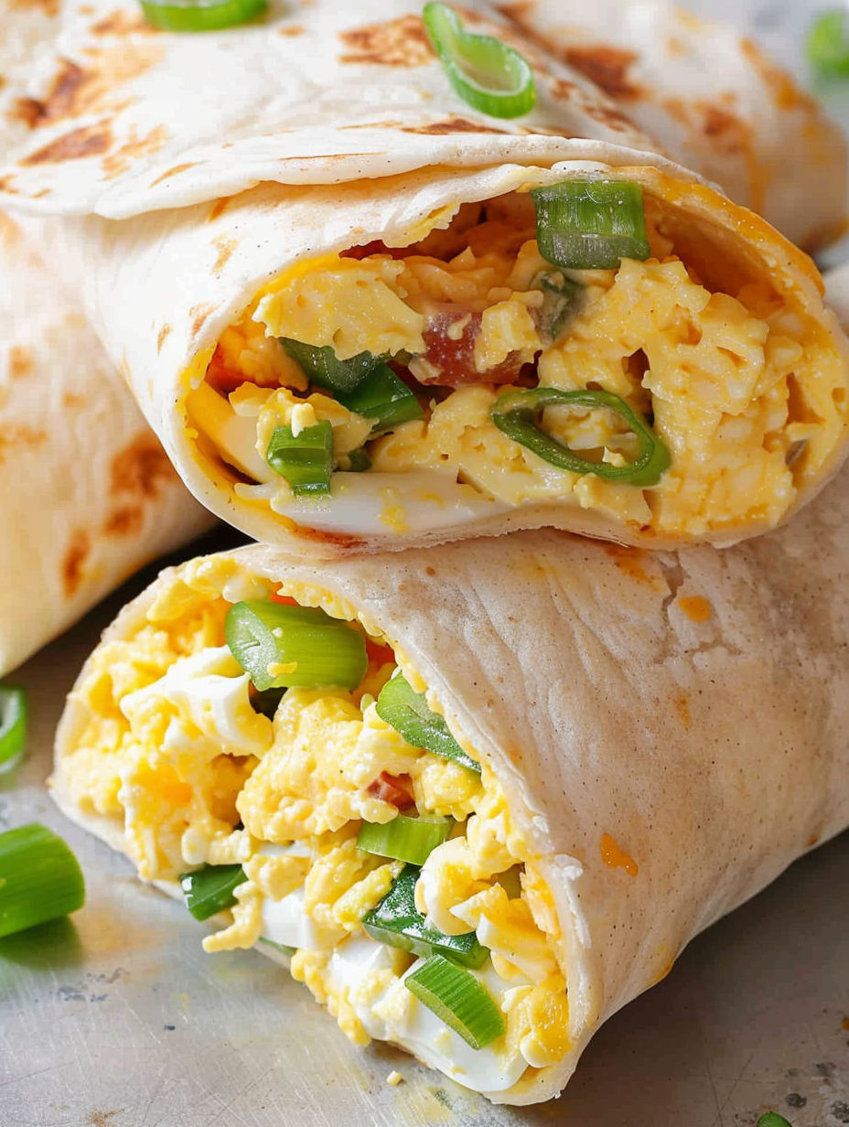 A burrito with eggs and peppers.