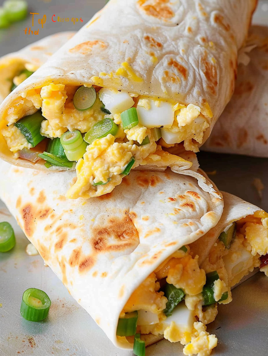 A breakfast burrito with eggs, cheese, and vegetables.