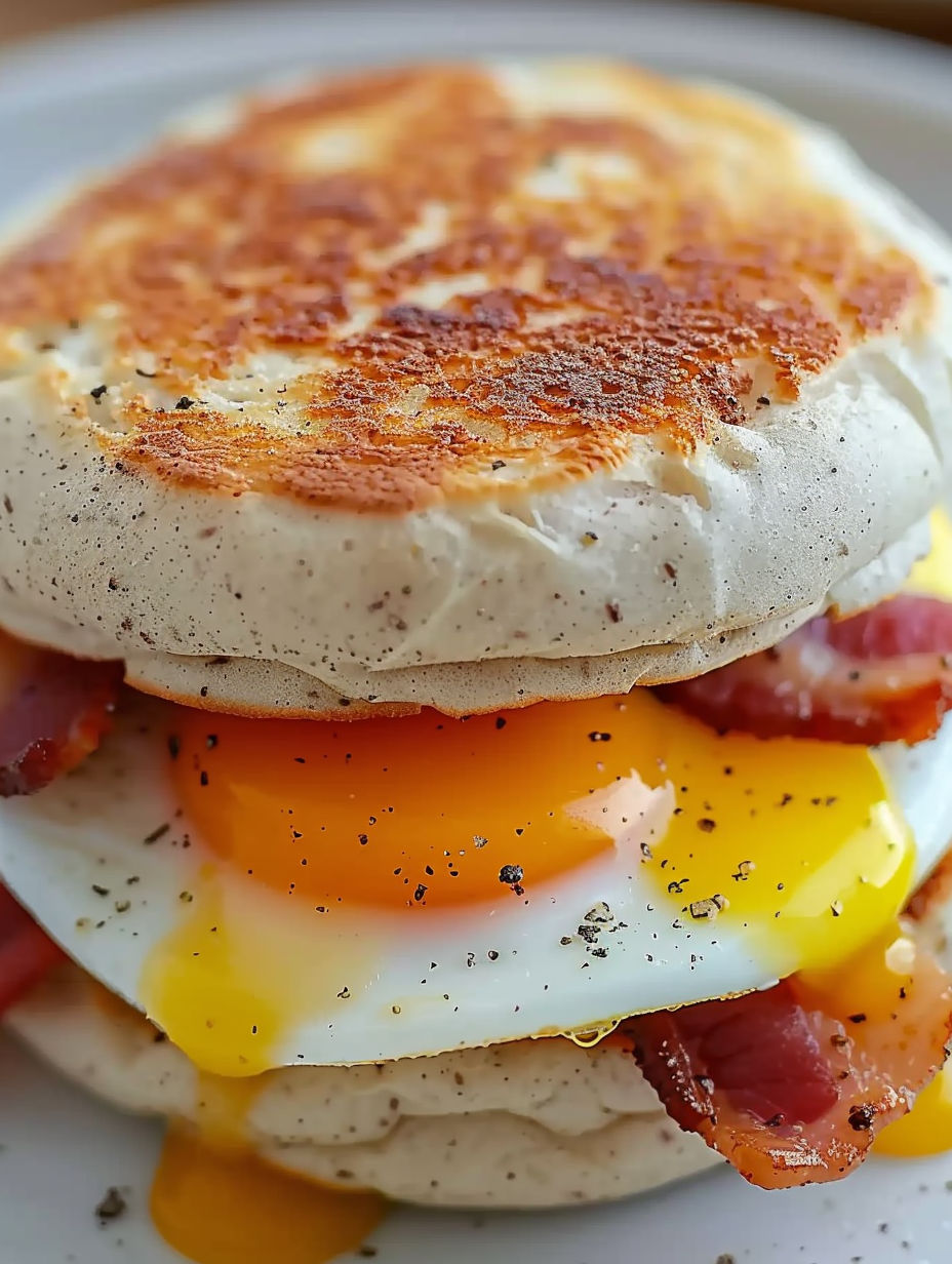 A breakfast sandwich with bacon and egg.