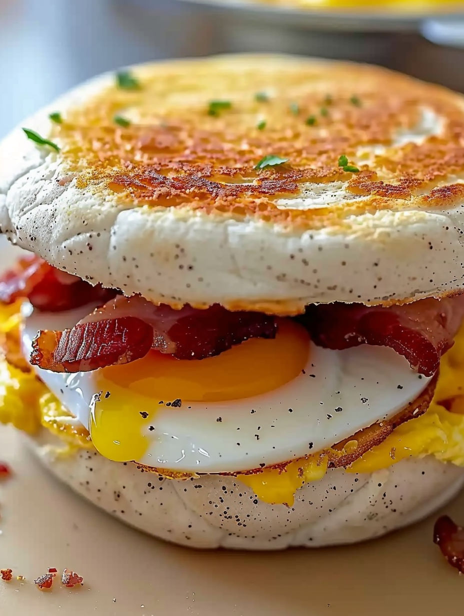 A breakfast sandwich with bacon, egg, and cheese.