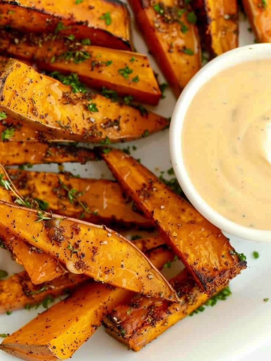 Sweet potato wedges with spicy honey mustard dip.