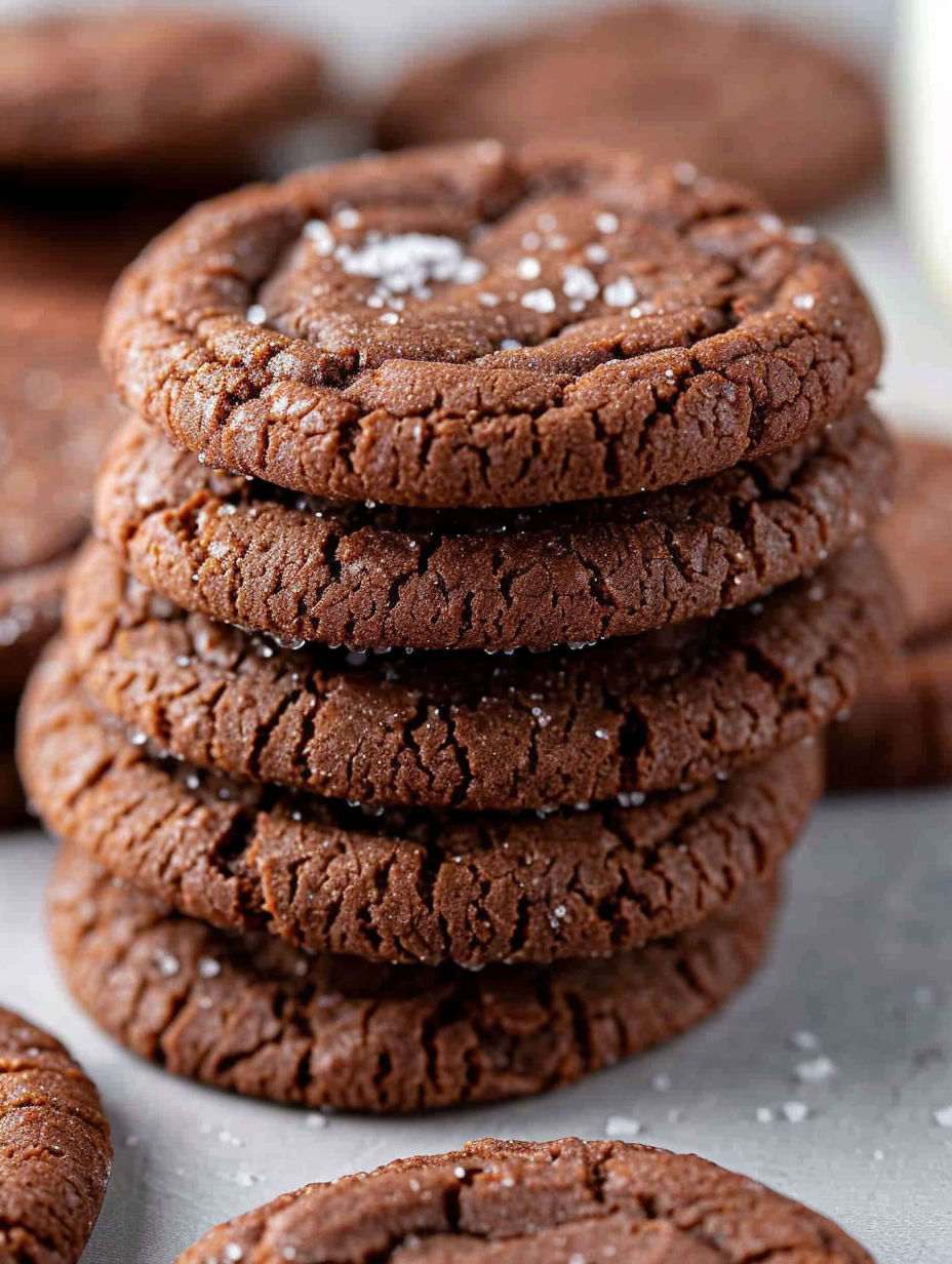 A stack of chocolate cookies with powdered sugar on top.