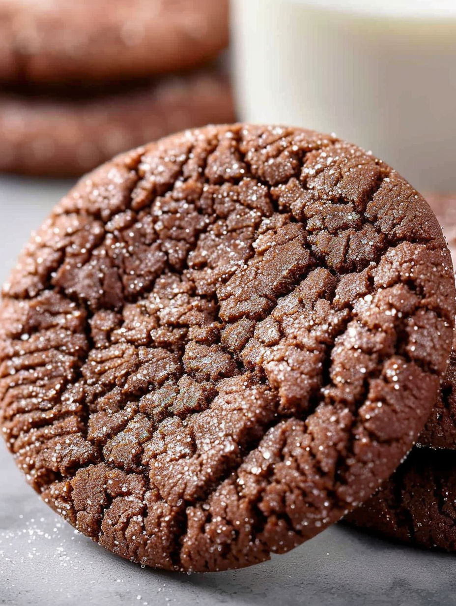 A chocolate cookie with sugar sprinkled on top.