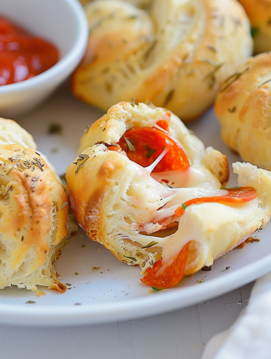 A plate of air fryer pizza bombs with tomato sauce and cheese.