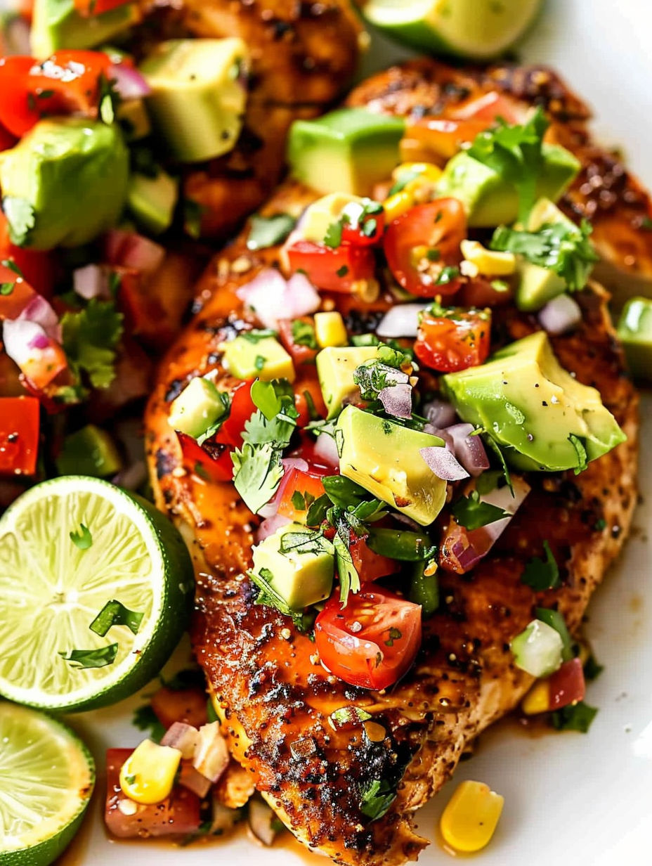 A plate of chicken with lime and avocado toppings.