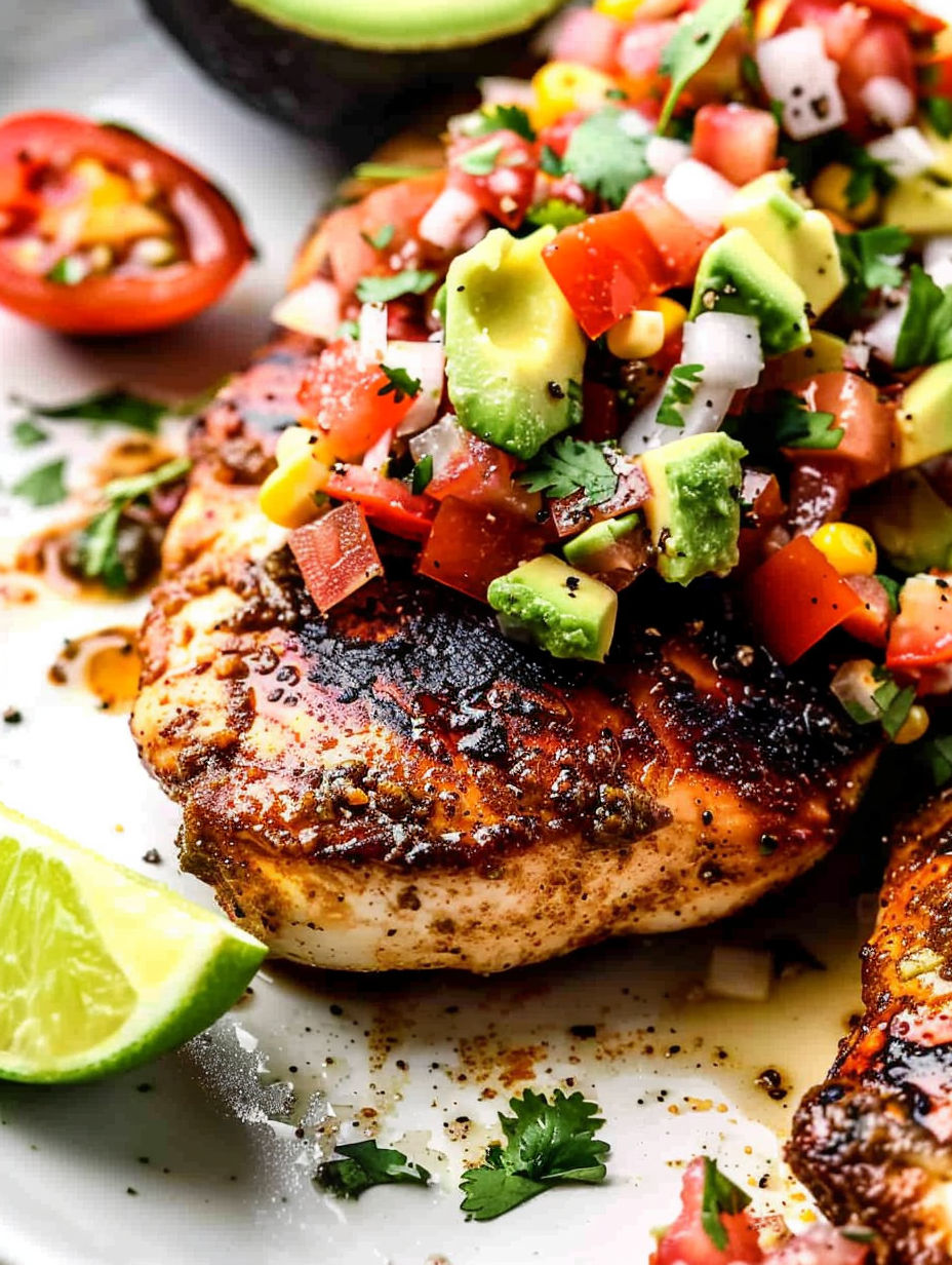 A plate of chicken with a salsa topping.