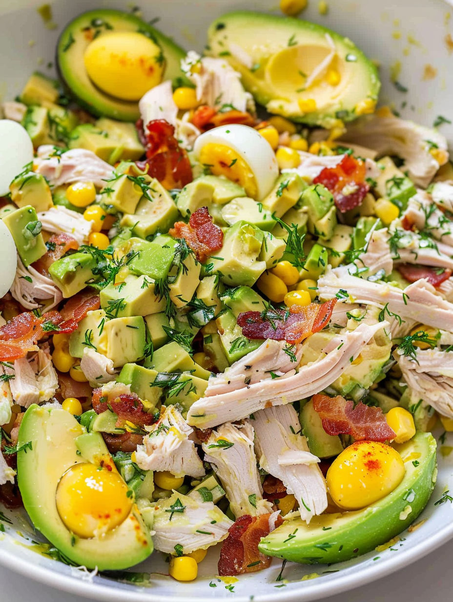 A bowl of chicken salad with avocado.