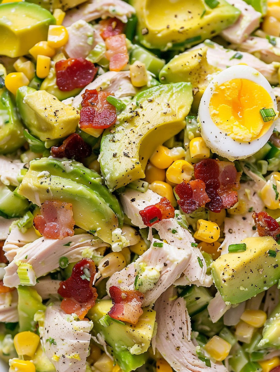 A close up of a salad with chicken, avocado, and egg.