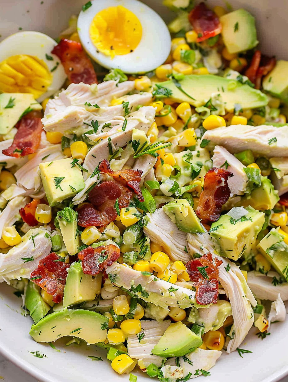 A bowl of chicken salad with avocado.