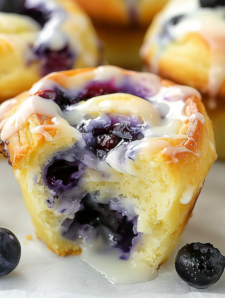 A close up of a blueberry crescent roll muffin.