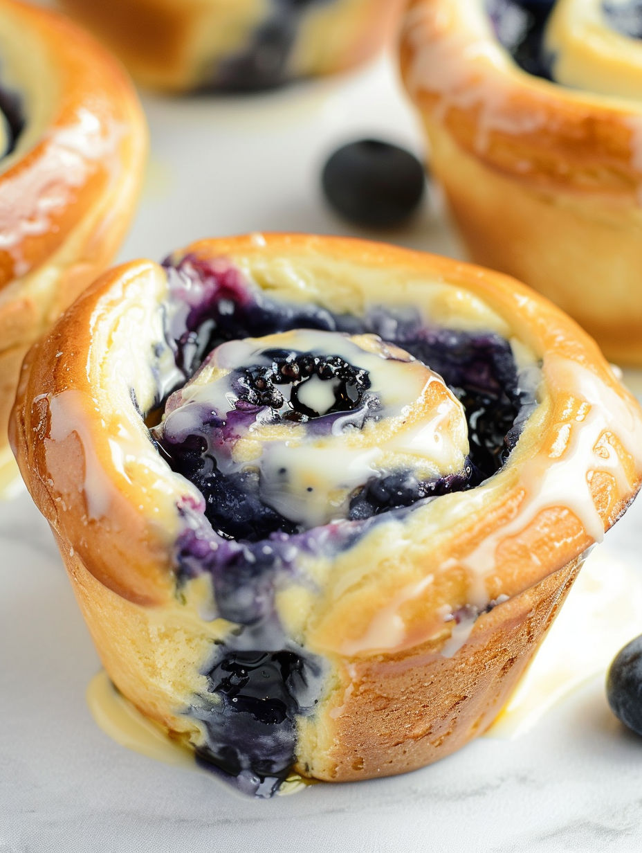 A close up of a blueberry crescent roll muffin.