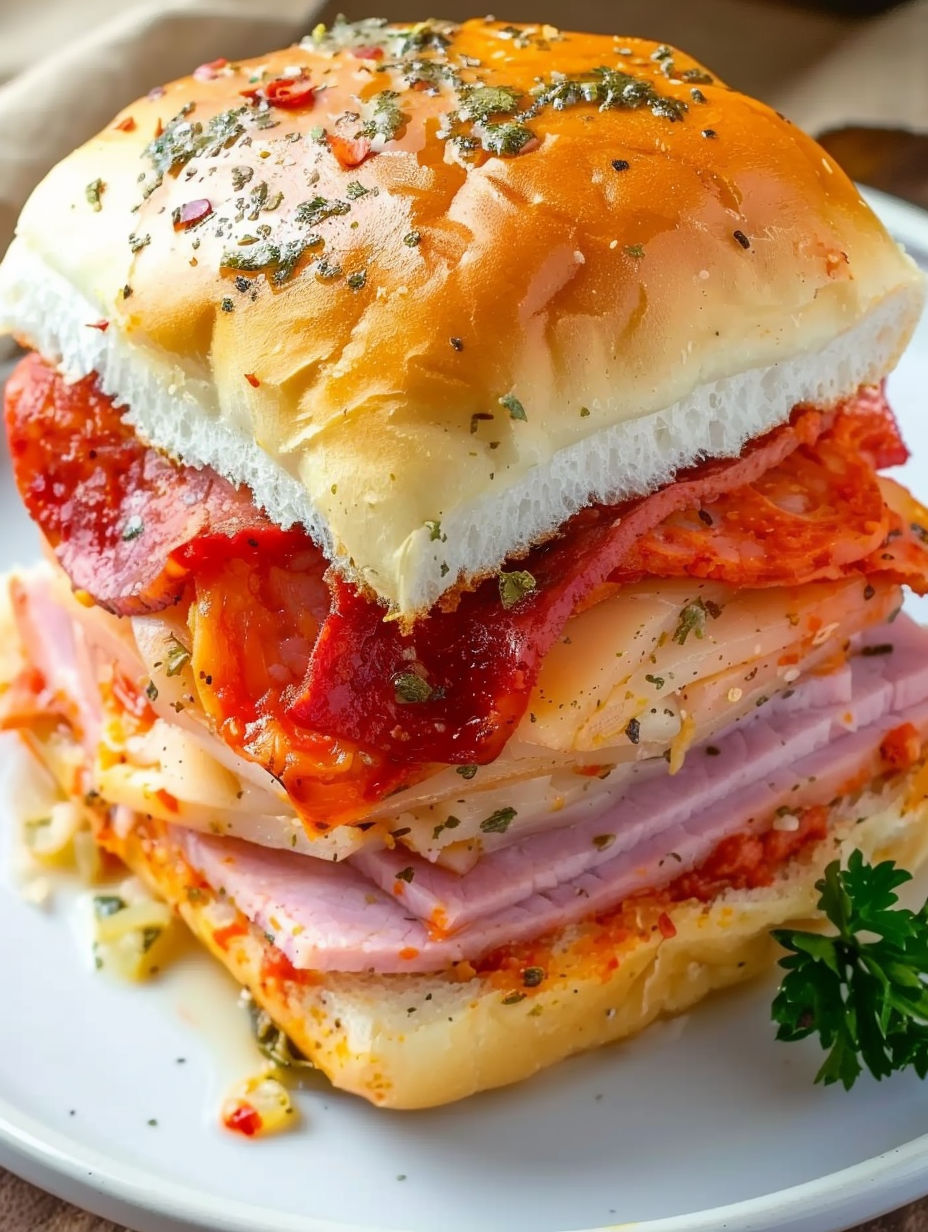 A stack of sandwiches with meat and cheese.