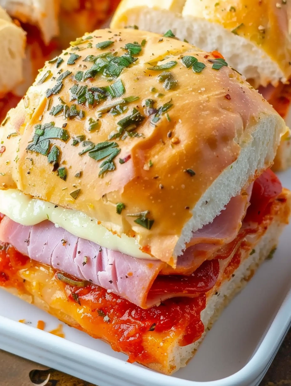 A hot Italian sub slider with cheese and ham.