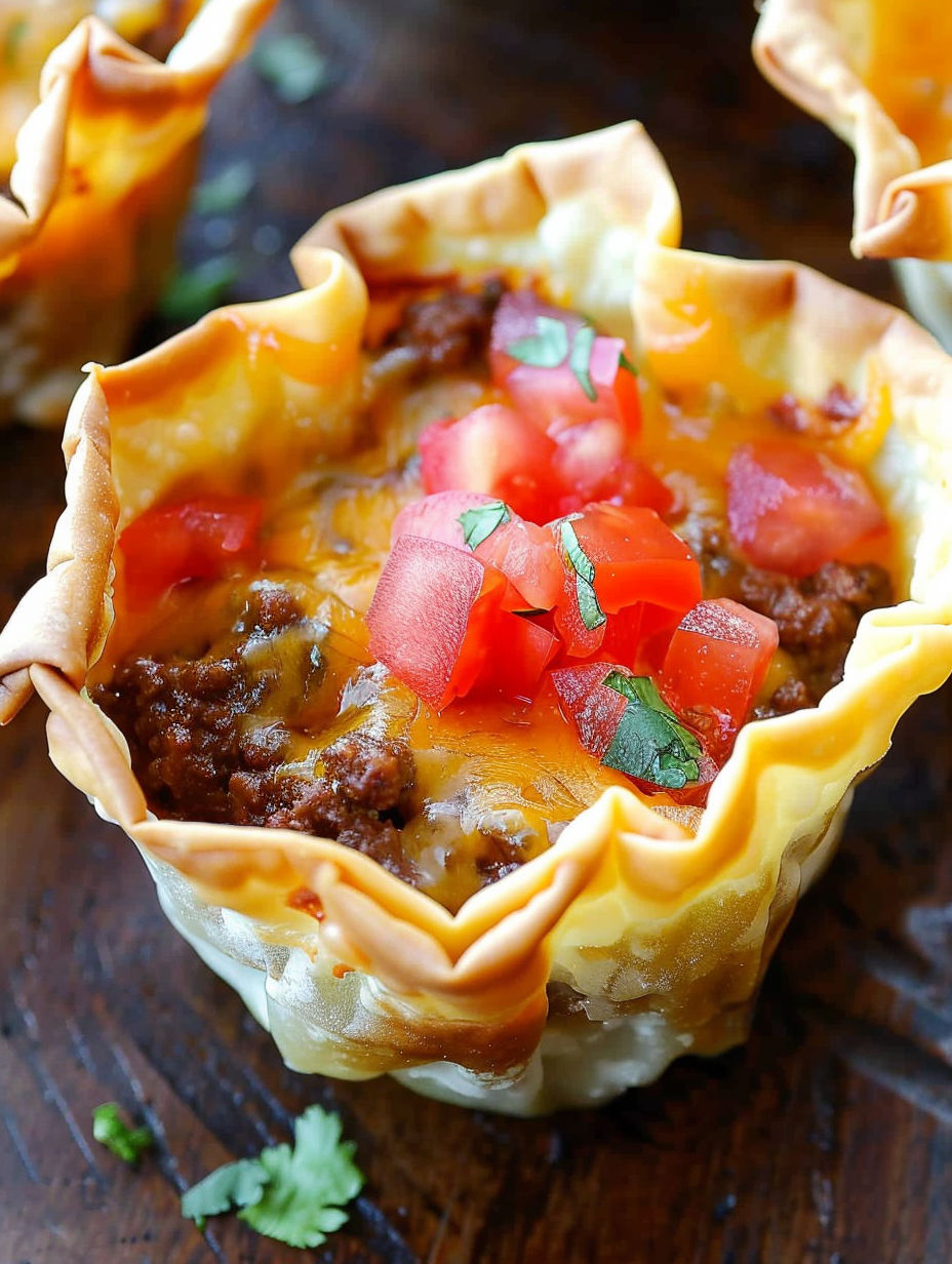 A crunchy taco cup filled with meat and tomatoes.