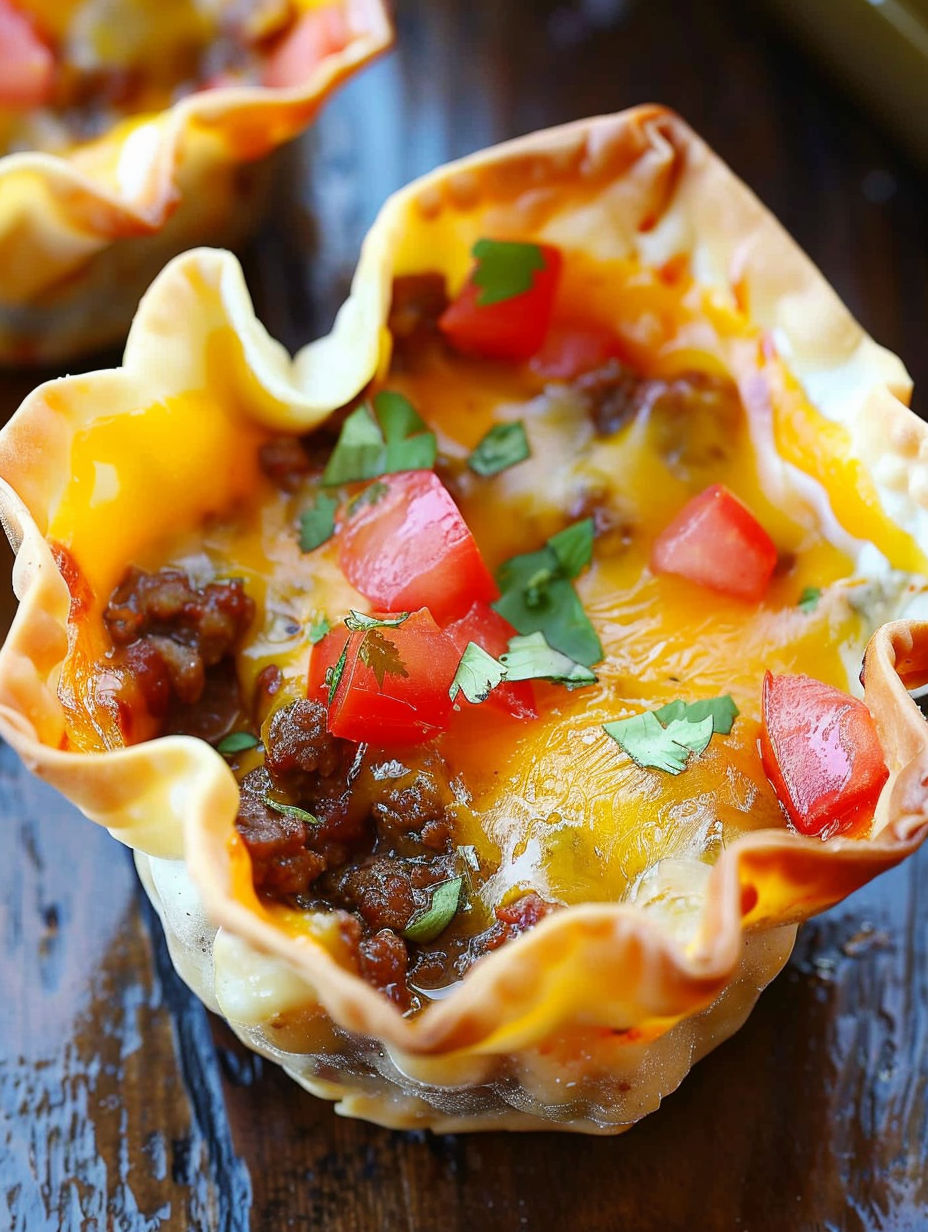 A crunchy taco cup filled with meat and tomatoes.
