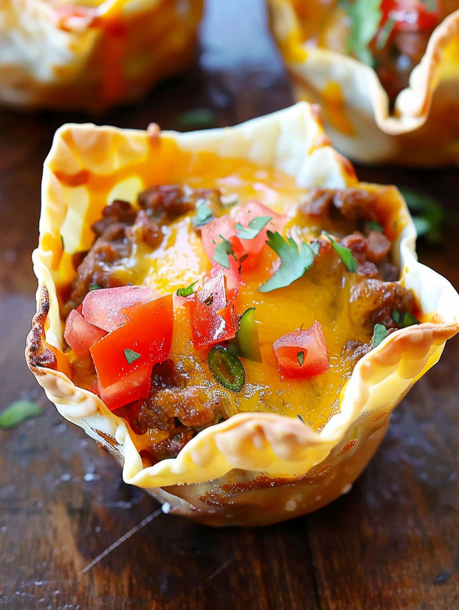 A crunchy taco cup filled with meat and tomatoes.