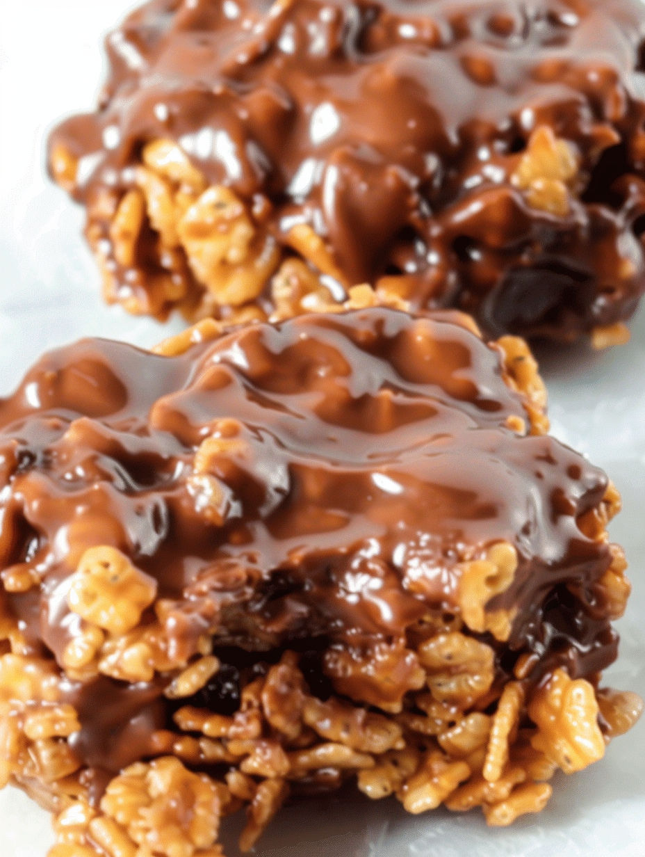 Two pieces of chocolate covered cornflake treats.