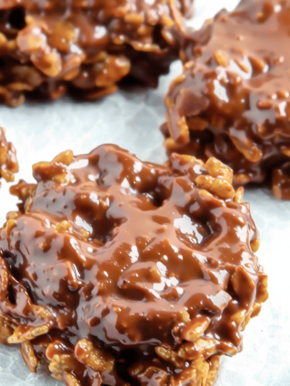 A close up of a chocolate covered cornflake treat.