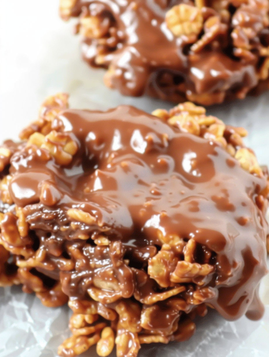 A close up of a chocolate covered cornflake treat.