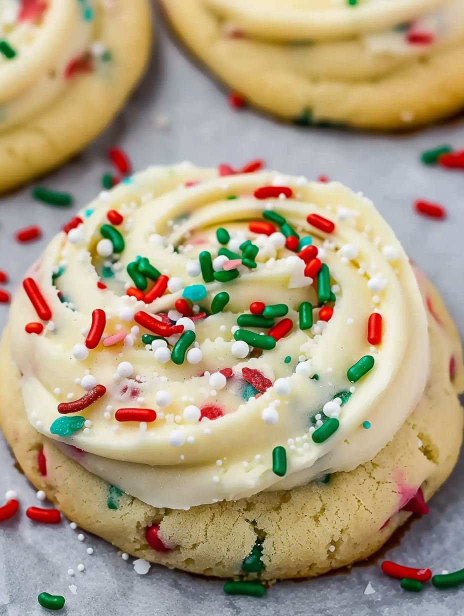 A cookie with white frosting and green and red sprinkles.
