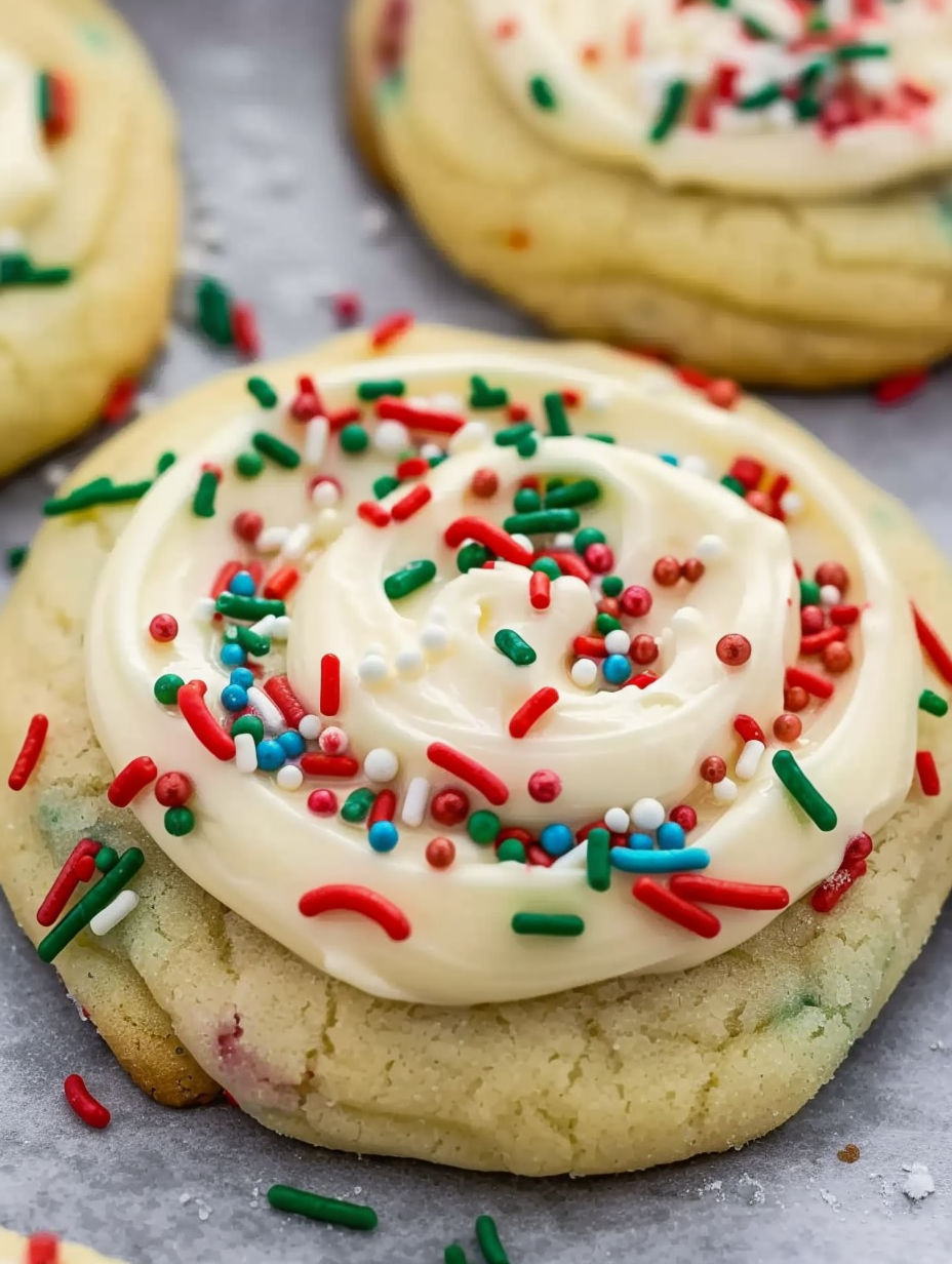 A cookie with white frosting and sprinkles.