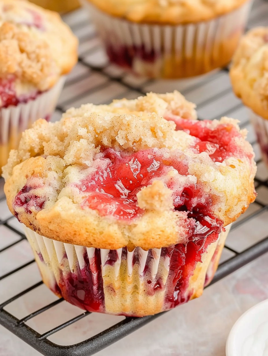 A muffin with a cherry cobbler filling.