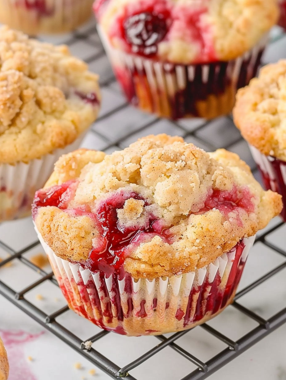 A muffin with a cherry cobbler filling.