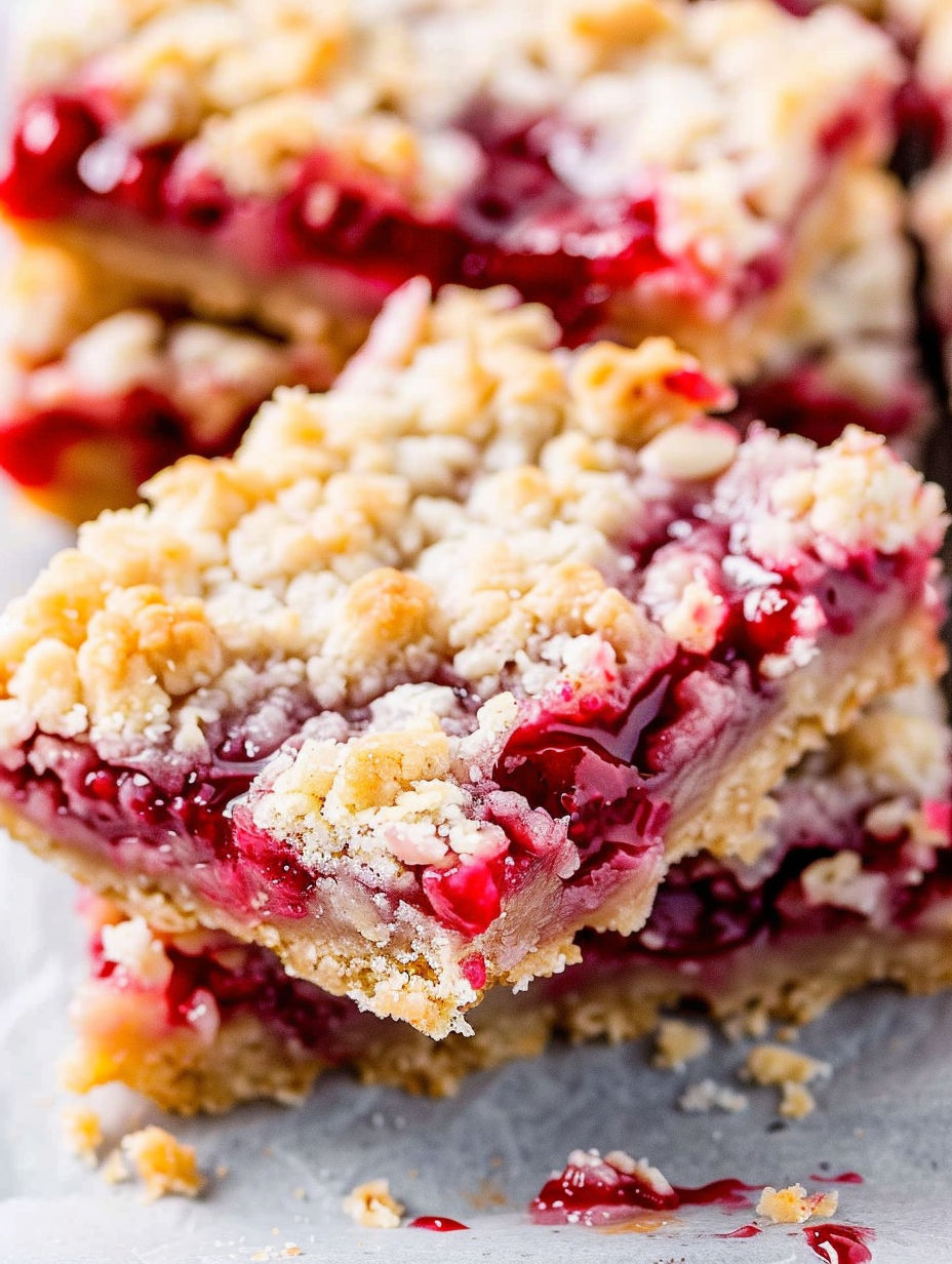 A close up of a cherry crumble bar.