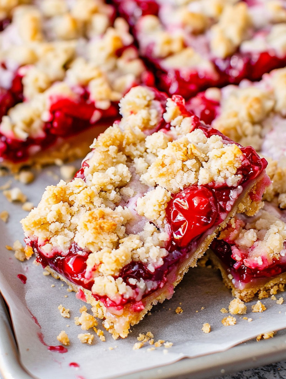A close up of a cherry crumble bar.