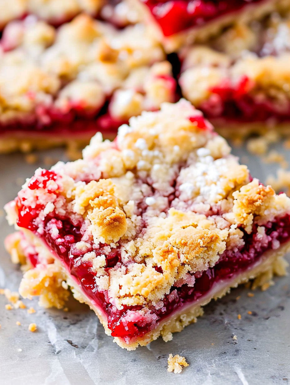 A slice of cherry crumble bars.