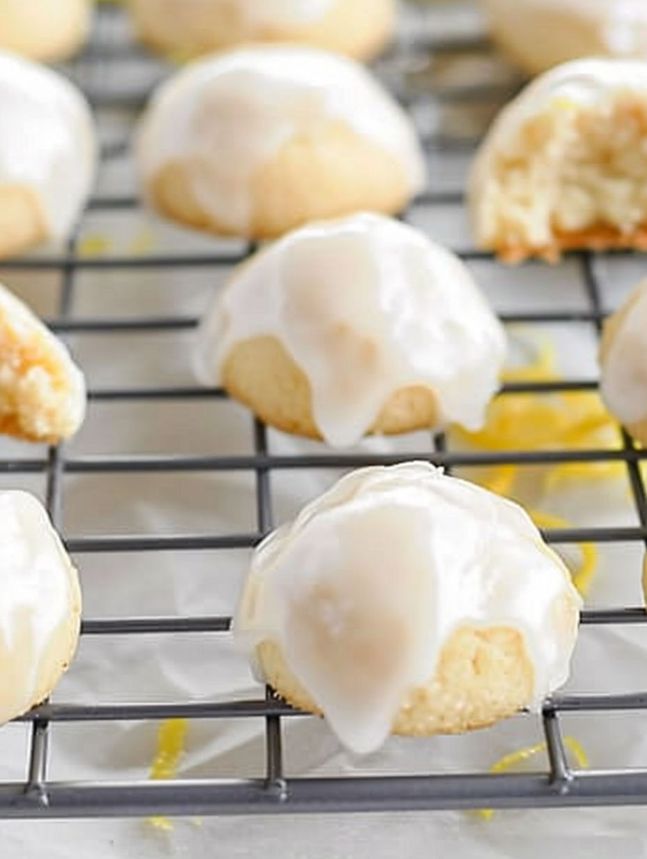 A tray of glazed lemon drop cookies.