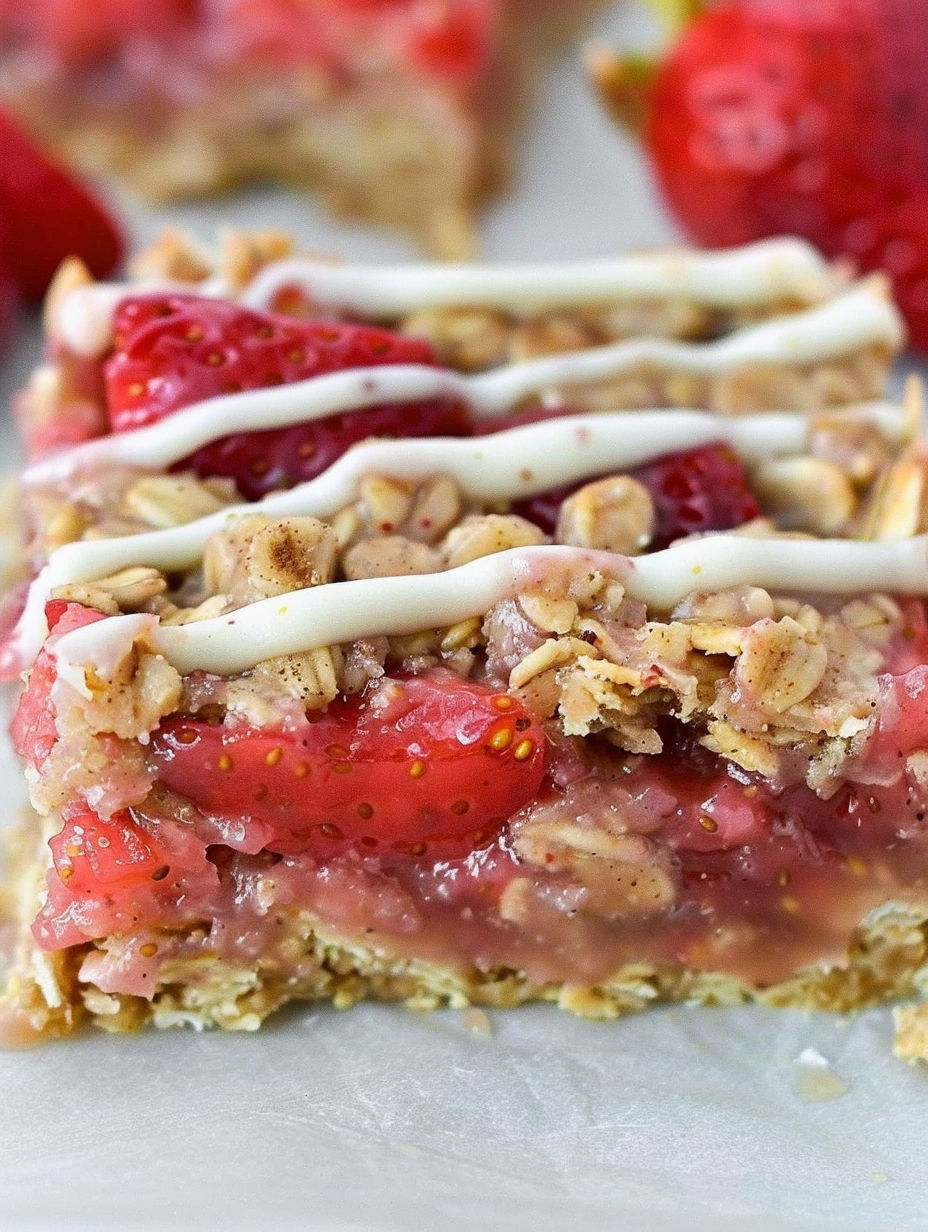 A close up of a strawberry oatmeal bar.