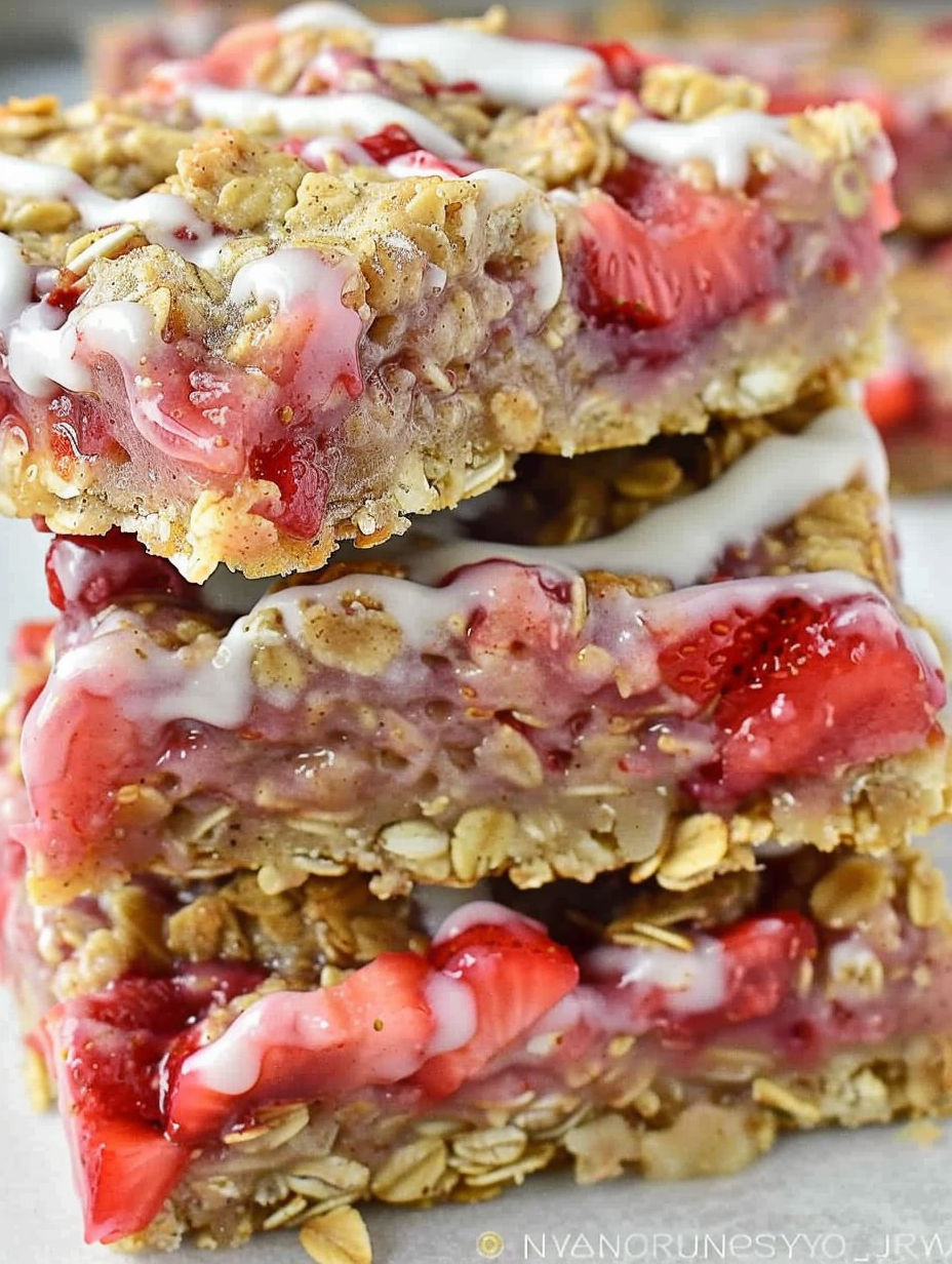 A stack of strawberry oatmeal bars.