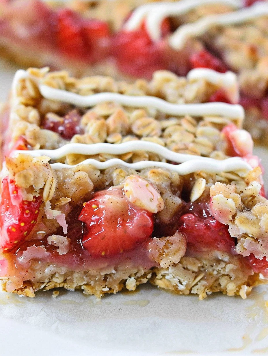 A close up of a strawberry oatmeal bar.