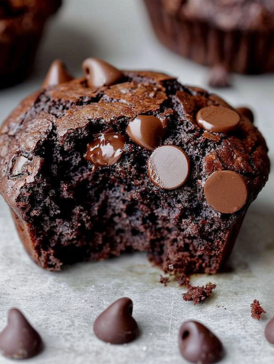 A close up of a chocolate muffin with chocolate chips.
