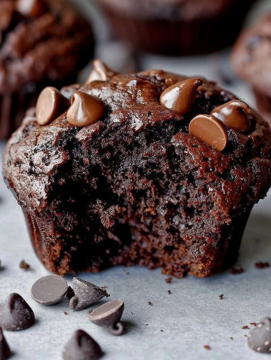 A close up of a chocolate muffin with chocolate chips.