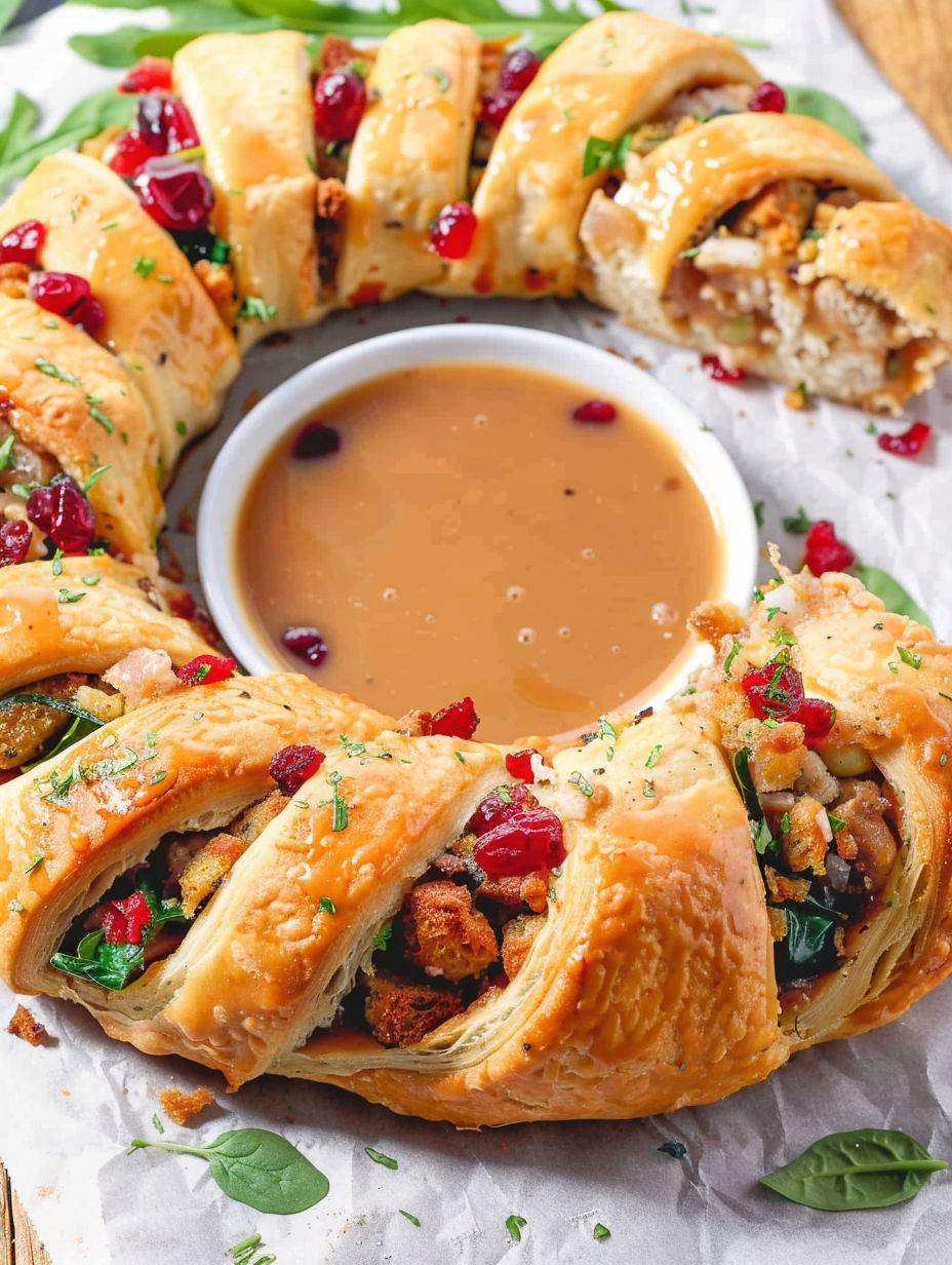 A plate of food with a crescent ring of turkey and stuffing.
